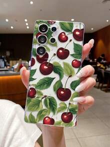 1 件清新时尚樱桃叶印花透明 TPU 软手机壳，防刮防指纹保护套，兼容三星、Nothing、Pixel、INFINIX、Redmi，带相机镜头保护 - 彩色 - 查看 3