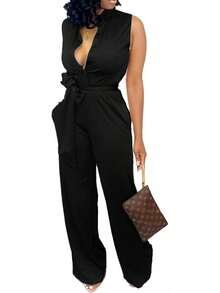 Jumpsuits For Women Formal Sexy Elegant Long Straight Pants Busineess Party Jumpsuit With Belt Pockets - 橘色 - 查看 7