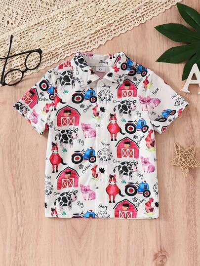 Cute Cartoon Animal Farm Casual Short Sleeve Shirt For Boys