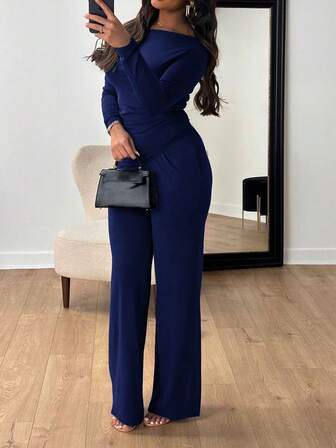 Vaiaye Elegant Women's Set, Solid Color Short-Length Long-Sleeve Top And Casual Pants Outfit, Flare Pants Set, Daily Casual Wear, Suitable For Women's Christmas, Birthday, New Year Outfit