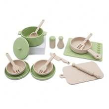 16 件儿童硅胶厨房玩具套装，扮演烹饪玩具套装，迷你餐厅厨房锅碗瓢盆互动玩具