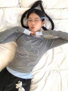 新设计感小原创V领水钻樱桃蝴蝶结长袖修身T恤 - 灰色 - 查看 3