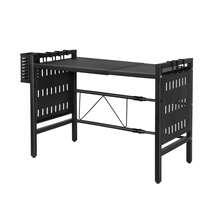 Estante expandible para microondas, soporte para microondas, organizador para encimeras de cocina, estante de acero al carbono para microondas, estante de cocina de pie con 6 ganchos - Negro - Ver 5