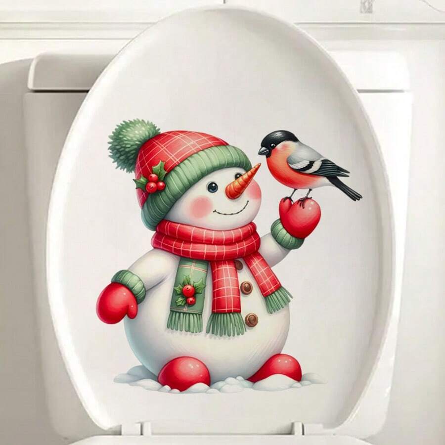 Adesivo per WC con personaggio cartoni animati adorabile con cappello natalizio - modello gufo, orso o pupazzo di neve, rimovibile, autoadesivo, finitura opaca, ideale per decorare il bagno, coprisedie del wc, decorazione natalizia | Disegno giocoso | Facile da installare, decorazione natalizia
