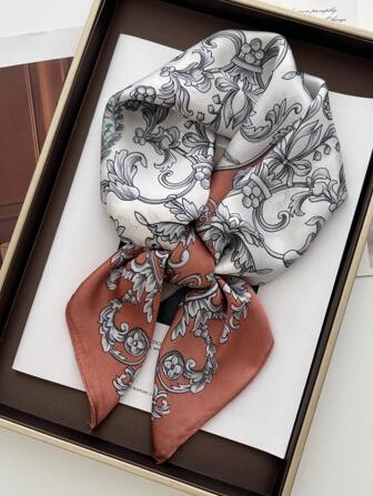 1pc Women's Luxury Fashion Chain Carriage Dual-Color Print Bandana Scarf, Breathable UV Protection Satin Headscarf/Neckerchief, Suitable For Daily Wear