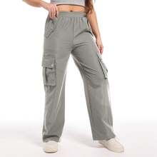4 Flap Pockets Button Cargo Pants, Casual Loose Elastic Waist Pants,Y2K Style - Light Grey - View 5