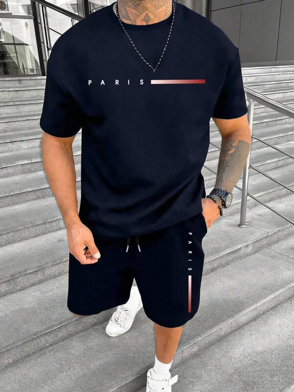 Men New Sports Casual T-Shirt And Drawstring Waist Shorts Set - Lightweight & Comfortable, Single-Line Paris Pattern Print, Suitable For Outing, Friends, Outdoor Travel, Sportswear Set For Men, Suitable For Casual Daily T-Shirt Shorts Set, Sports & Daily Gym T-Shirt Outfit, T-Shirt & Shorts Set For Men, Lightweight Sports Tee & Shorts Set, Comfortable Sports Hiking Fishing Versatile Short Sleeve T-Shirt Shorts Set