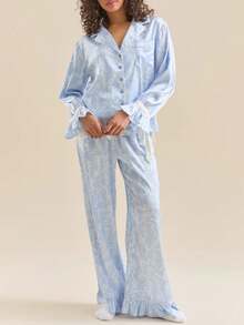 Valentine's Day Pajamas Outfits For Women Y2k 2 Pcs Floral Print Lounge Sets Long Sleeve Lapel V Neck Button Closure Shirts And Elastic Drawstring Mid Waist Long Pants Sleepwear Sets With Pockets Summer Fall Loose Fit Nightwear Loungewear Aesthetic Clothes - Màu xanh lam - Xem 1