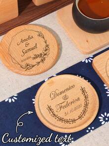 定制 1 件个性化实木杯垫 - 山毛榉婚礼礼物，带有定制雕刻名称和花卉设计，优雅的乔迁贺礼、情侣周年纪念礼物、新娘送礼会和新家居装饰 - 彩色 - 查看 2