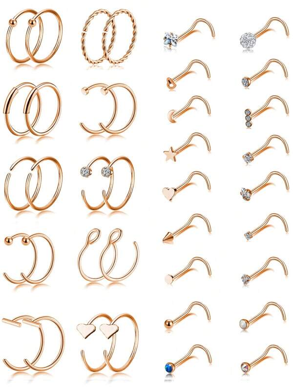 20g 38 peças Nariz de Aço Inoxidável em Formato de Parafuso em L Brincos de Argola com Pedras CZ, Brinco de Tragus e Cartilagem, Piercing de Lábio para Homens e Mulheres, tom de Ouro Rosa