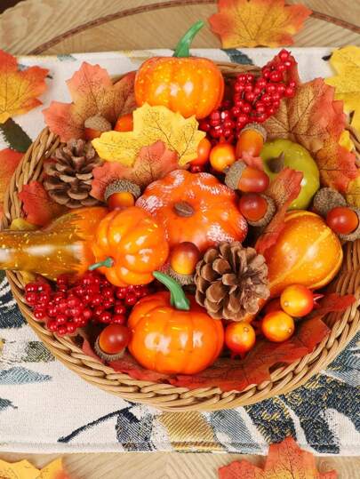 128pcs, Thanksgiving Artificial Pumpkins And Gourds Set, 8 PCS Fake Pumpkins, 12 PCS Pinecones And Acorns, 30 PCS Fake Maple Leaves Fall Wedding Tables Centerpieces Best Gifts Birthday Home Decor Christmas Decorations Room Decor Christmas