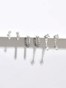 3 Pairs (6pcs) Elegant Silver Hoop Earrings, Jewelry Gift For Women - Silver - View 5