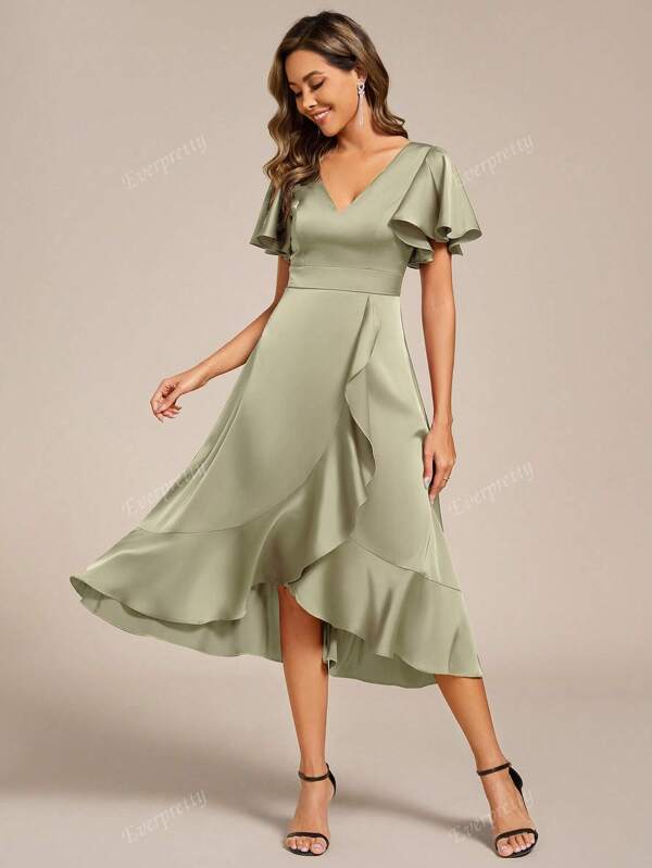 EVER-PRETTY Elegant Wedding Guest Dress Women High-Low Ruffles Satin Midi Formal Bridesmaid Dresses Suitable For Weddings, Birthdays, Dinner,Party