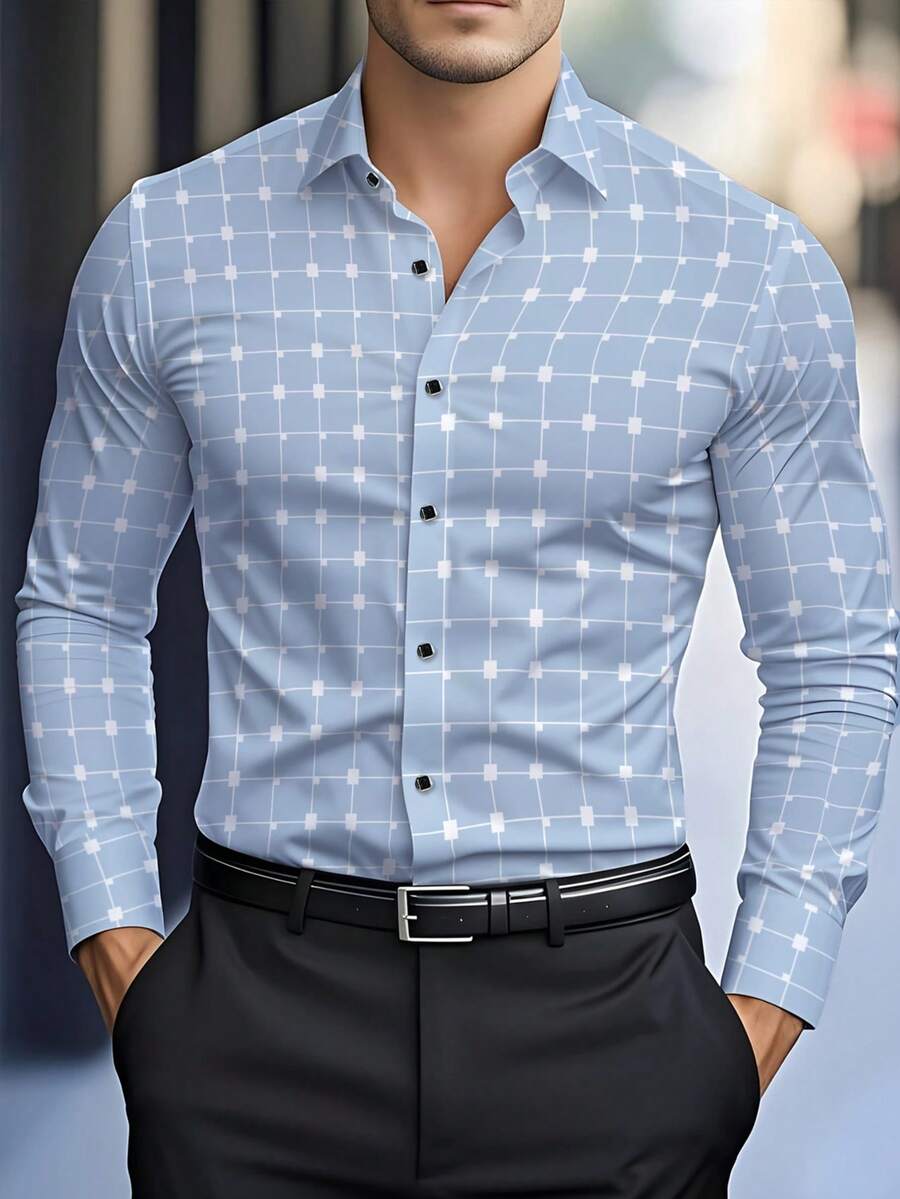 Men's Fashion Casual Plaid Print Long Sleeve Dress Shirt,Fall