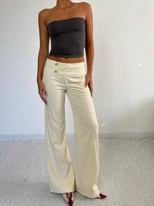 Quần nữ trơn màu thanh lịch kiểu dáng Y2K ống đứng hơi loe, cạp thấp tối giản, quần cargo casual, cạp không đối xứng, phù hợp cho trang phục công sở mùa thu/đông và hẹn hò mùa xuân. - Màu be - Xem 7