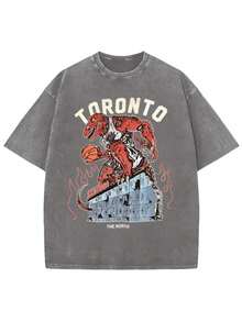 Ash-Vintage Washed Oversized-Drapey Toronto Raptors Dino-Basketball Tee - Retro-Sport Street-Hardcore Vibe - 灰色 - 查看 1