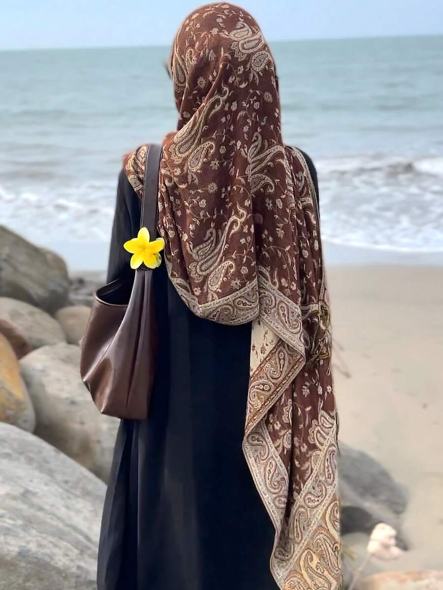 1件女士波西米亚复古佩斯利花卉提花头巾，休闲防晒围巾披肩，适合日常佩戴，秋冬季可搭配连衣裙 - 棕色 - 查看 1