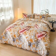 1 Set de Funda Nórdica y Fundas de Almohada de Poliéster con Estampado Floral y de Plumas, 3 piezas, Apto para Dormitorio y Hotel, para Todas las Estaciones