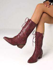 Women's Retro Pointed Toe Boots Fashion Block Chunky Heels Side Zipper Lace-Up Casual Party Dress Fall Vintage Mid Calf Boots Woman - 酒紅色 - 查看 6