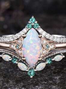 3pcs Luxury Women's Ring Set - Marquise Cut Opal, Faux Gemstone, Party Style Jewelry Gift For Fashionable Women - Bạc - Xem 1