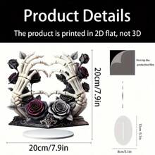 1pc 2D Flat Boho Skeleton Hand With Black Rose Acrylic Desktop Decor - Gothic Floral Art, Suitable For Home, Office Or Holiday Gift, Versatile Creative Decoration
