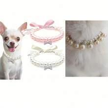 珍珠项链，镶嵌水钻骨头装饰，适合猫狗佩戴，时尚猫咪婚礼项圈饰品，适合女孩、猫咪、小型犬佩戴。