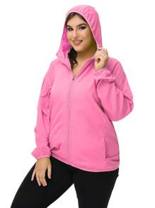 1pc Outdoor Women's Lightweight Solid Color Long Sleeve Casual Jacket, Zipper Hooded Plus Size Jacket, Water-Repellent Fabric Outerwear, Sunblock
