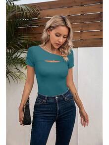 Womens Fashion Fall Cutout Long Sleeve Ribbed Slim Fitted Tops Shirts Tee Tshirts - Short-teal - View 8