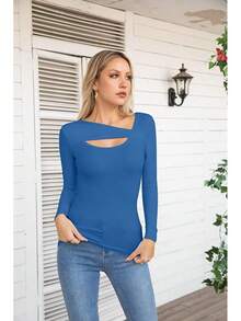 Womens Fashion Fall Cutout Long Sleeve Ribbed Slim Fitted Tops Shirts Tee Tshirts - 長藍 - 查看 2