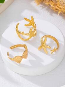 2pcs Metal Ocean Series Rings Set, 3D Starfish And Shell Adjustable Rings For Women, Suitable For Ball, Party, Holiday Wear, Girlfriends' Date Gift