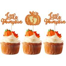 12pcs/Set Pumpkin Paper Cupcake Decorations - Glitter Pumpkin Cupcake Toppers - Baby Shower Decor - Autumn Harvest Theme - Kids Birthday Party Supplies