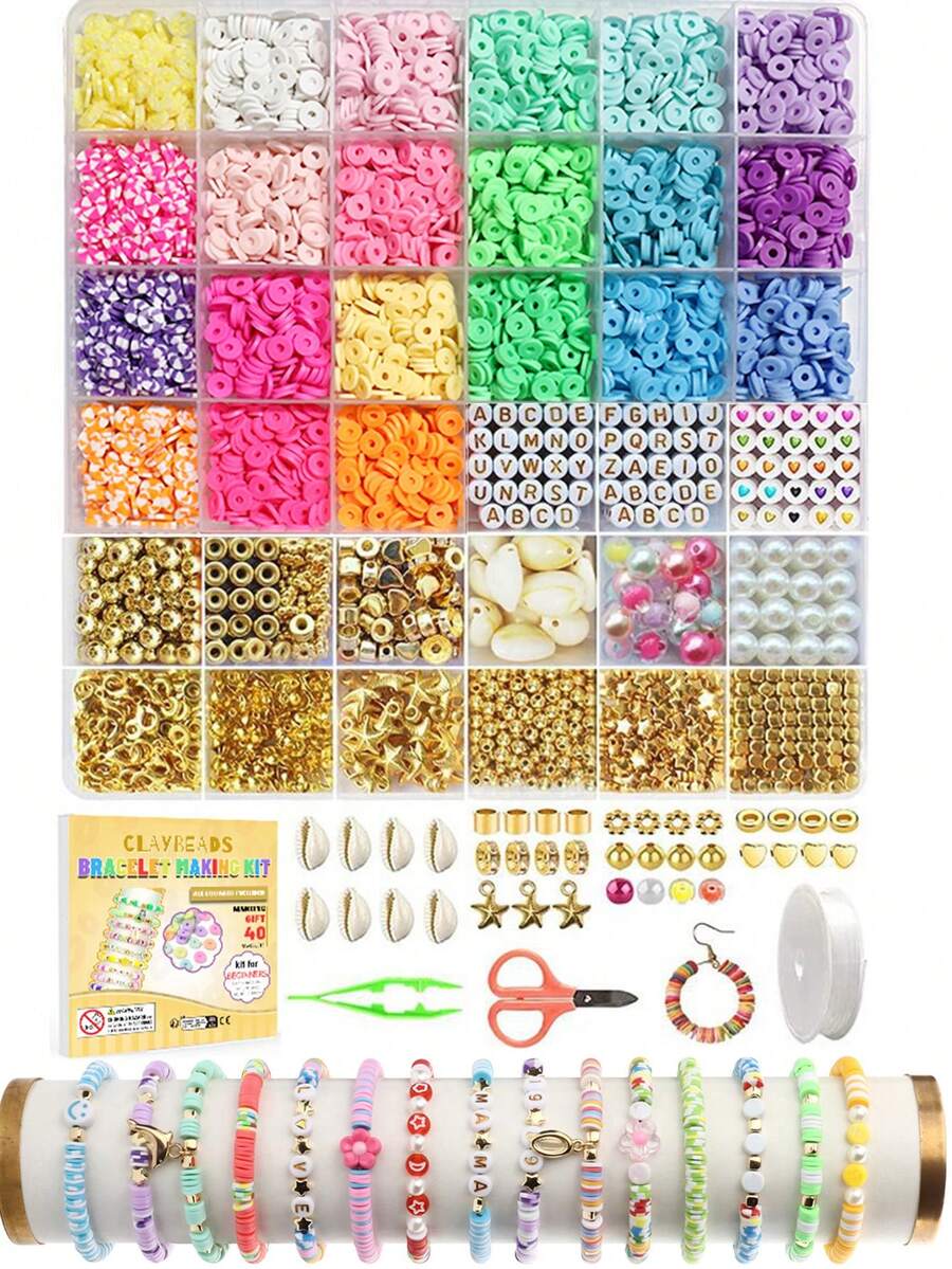 2400 件/6000+ 件粘土珠手链制作套件，24 色 DIY 扁平预科珠，用于友谊珠宝制作，聚合物 Heishi 珠子，带饰物，适合青少年女孩的工艺品礼物