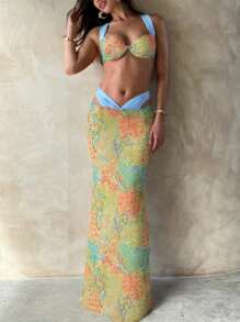 Fashion Print Sexy Swimsuit Match Skirt 3 Pieces Set