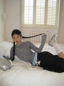 新设计感小原创V领水钻樱桃蝴蝶结长袖修身T恤 - 灰色 - 查看 9