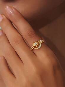 2pcs S925 Sterling Silver Simple Elegant Sun & Moon Cubic Zirconia Rings, Unisex Daily Wear Couple Rings, Valentine's Day Gift, Exquisite Jewelry Present - Sun and Moon Set - View 3