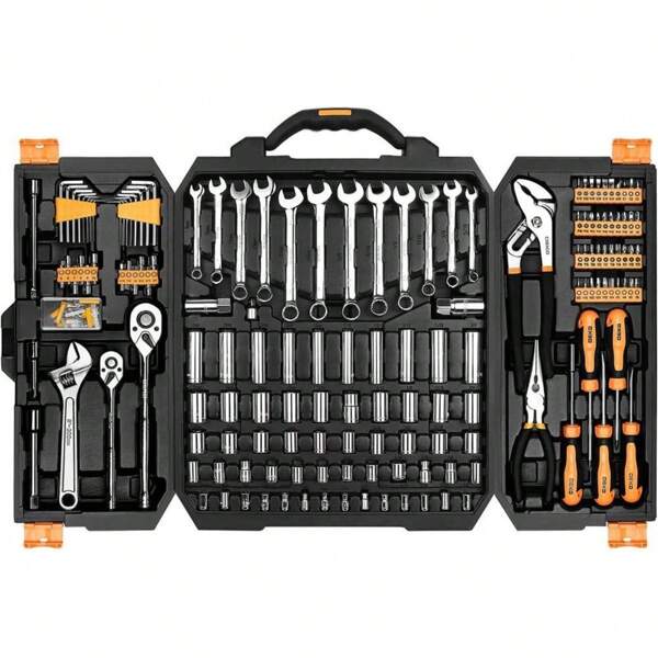1 Set Of 46pcs Chromium Vanadium Steel Tool Kit, Including 1/4" Drive Ratchet Wrench, Metric Sockets, Screwdrivers, Quick Release Mechanism - Professional Hand Tool Set For Automotive Repair And DIY, No Assembly Required, Non-Power, With Case