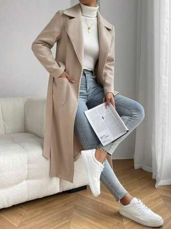 Autumn Women's Apricot Round Neck Double Pocket Jacket With Belt, Long Women's Halloween Costume, Women's Christmas Costume, Saudi Arabia National Day Costume