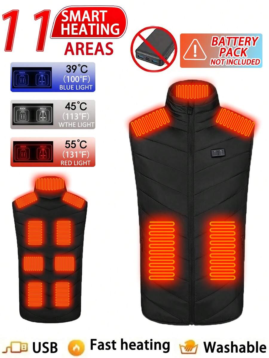 Veste chauffante casual pour hommes de couleur unie avec chauffage à double zone, vêtement d'extérieur chaud pour l'hiver