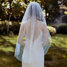 1pc, Bridal Veil With Faux Pearl Decoration, Romantic Wedding Accessory, Elegant Single Tier White Veil With Comb For Bride And Bachelorette Party Decor