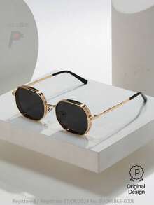 015068863-0009-SX2358 2 piezas Gafas de moda unisex de estilo geométrico metálico, gafas de estilo callejero moderno para interiores y exteriores, en negro/oro/plata/marrón, adecuadas para todas las estaciones - 1*marco dorado/todo gris + 1*marco plateado/todo gris (sin caja) - Ver 7