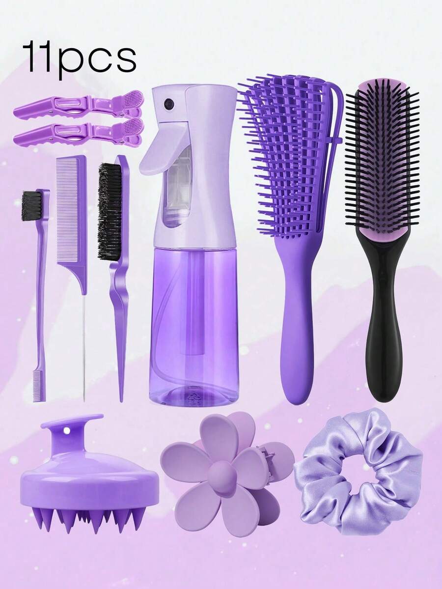 2013年1月5日 男女通用美发梳套装，包含：顺发梳、侧梳、后梳、带喷雾瓶的卷发梳、直发梳、头皮按摩梳、宽齿梳、发夹和造型梳套装 - 适合所有发质，满足旅行需求，返校季必备，旅行必备，女士美发配件，梳子，木质梳子，迷你梳子，顺发梳，卷发梳，美发工具，旅行必备，发型，护发，美发梳