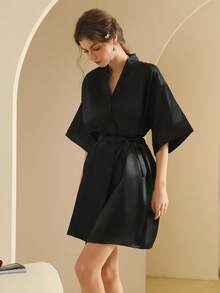 Women's Silk Nightgown Wedding Dressing Robe Lightweight Cardigan Robe Bridal Morning Robe Friend's Robe, Suitable For Home And Hotel Wear. - Black - View 6