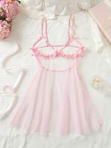 女士粉色睡衣、蝴蝶结装饰、透视露背、露胸、娃娃装、性感内衣、性感内衣裙、新娘内衣 - 淺粉色 - 查看 7
