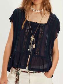 Women Button Down Ruffle Boho Tops Flowy Sheer Short Sleeve Square Neck Lace Blouse Y2k Going Out Blouse Loose Summer Vacation Vest - 藏蓝色 - 查看 1