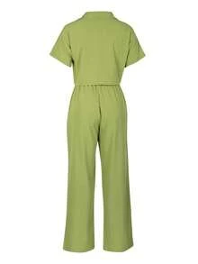 2 piezas Traje informal de lino talla grande: Camisa de manga corta y pantalones de pierna ancha, primavera/verano - Verde militar - Ver 4