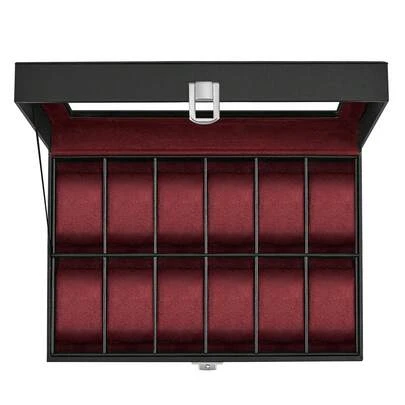  SONGMICS Caja de Relojes, Estuche con 12 Compartimentos, Cojín de Terciopelo, Cerradura, 20.2 x 30.2 x 7.8 cm, Negro y Rojo Vino