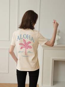 Ladies' Spring And Summer New Palm Tree Slogan Print Daily Casual Round Neck Short Sleeved T-Shirt Fashionable Vacation Style, Your Daily Necessity. Graphic Tees Women White Top Black Top Pink Top Vacation Outfits Women