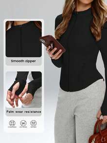 FWH 女士时尚设计小立领户外跑步瑜伽运动休闲风面料舒适弹力视觉塑形收腰基础百搭青春防晒运动夹克长袖 - 黑色 - 查看 2