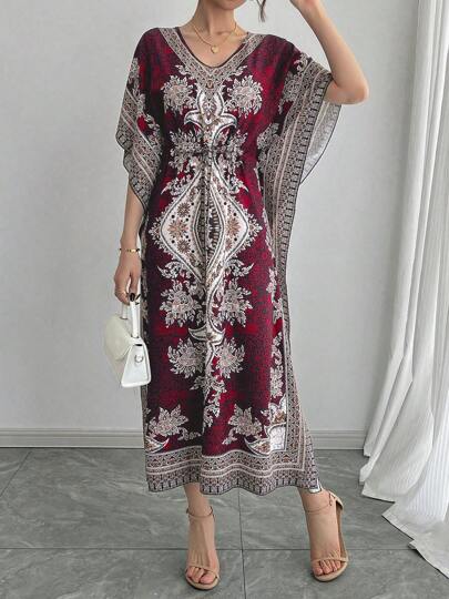 Middle Eastern Arabic Loose V-Neck Breathable High-End Quality Casual Convertible Elastic Waist Slimming Vacation Short Sleeve Dress, Plus Size Abaya Robe Gown, Traditional Arabic Clothing, Holiday Party Evening Dress, Autumn/Winter