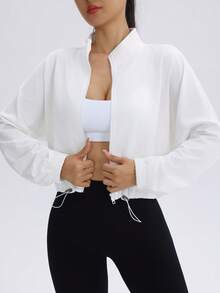 Women's Drawstring Hem Sports Jacket, Casual Short Zip-Up Running Fitness Yoga Outerwear